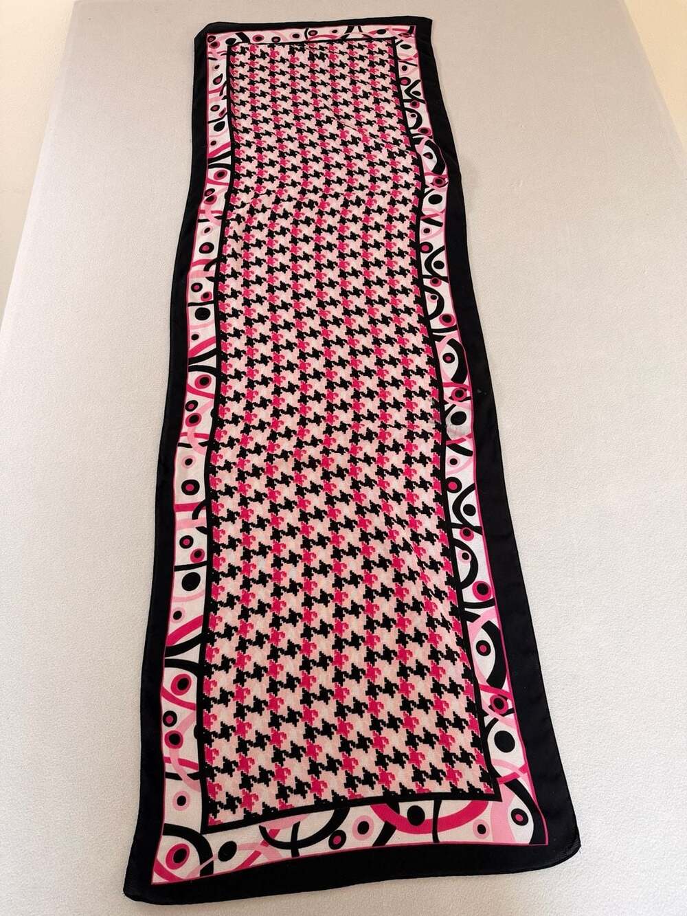 Vintage Pink Black and White Houndstooth Abstract Graphic Print Long Scarf